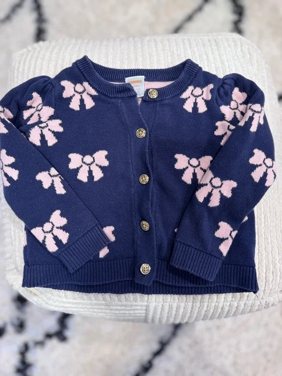 Gymboree Toddler Girl Bow Sweater 18-24 Months Navy Pink Button Cardigan - Picture 2 of 5